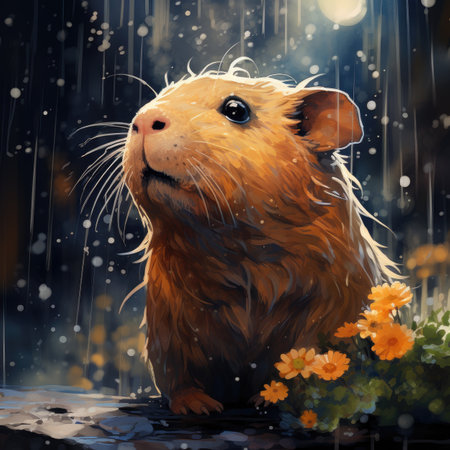 Cute guinea pig with flowers in the rain.の素材