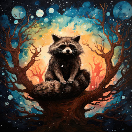 Raccoon sitting on a tree in the forest.の素材