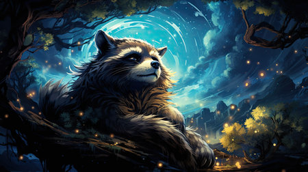 Fantasy landscape with a raccoon in the forest.の素材