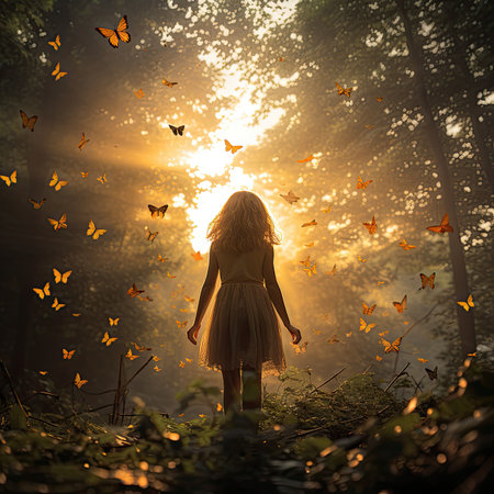 Young woman in a fairy forest at sunset with butterflies flying above herの素材