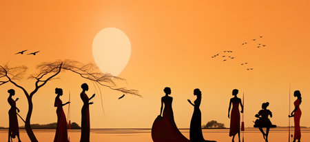 Silhouette of a group of women on the beach at sunsetの素材