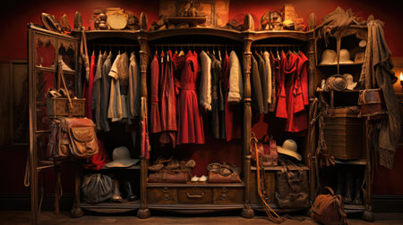 Vintage interior of an old wooden wardrobe with clothes and accessories.の素材