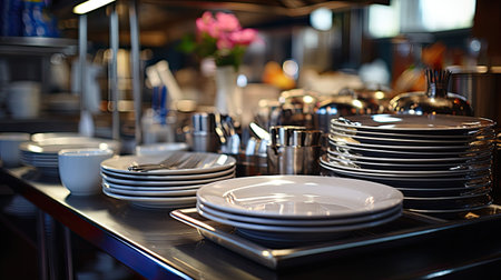 Closeup of a table with plates and cutlery in a restaurantの素材