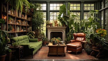 Interior of a botanical garden with green plants and a fireplaceの素材