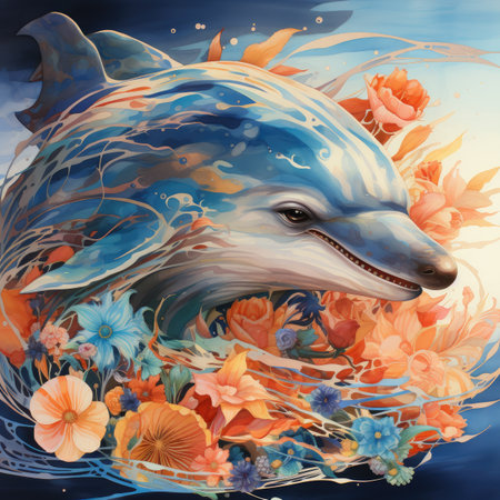 Dolphin in the water with flowers.の素材