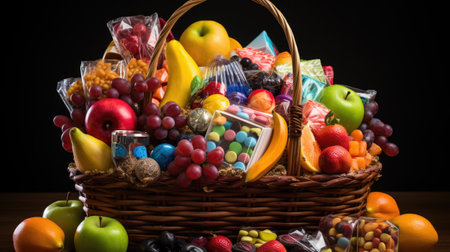 Colorful candies in a basket on a wooden table and black backgroundの素材