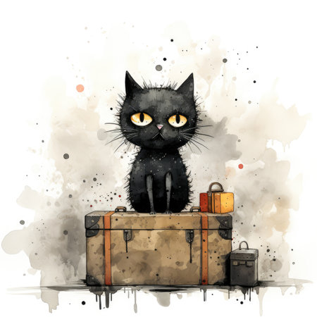 Watercolor Cute black cat sitting on a suitcase.の素材