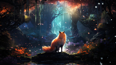 a fox in a dark forest.の素材