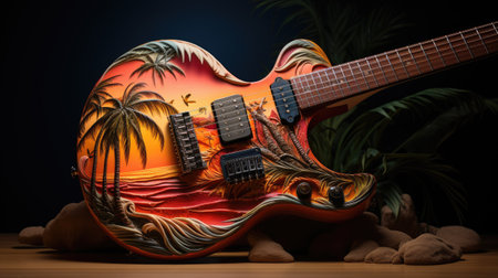 Electric guitar with palm trees on dark background.の素材