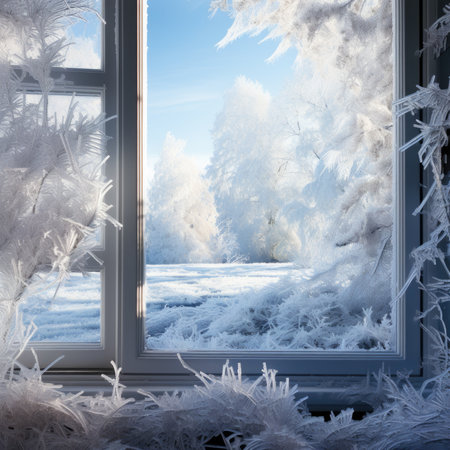 Beautiful winter landscape with frosty trees on the windowsill.の素材