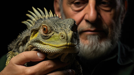 Close-up portrait of bearded man holding iguana on black backgroundの素材