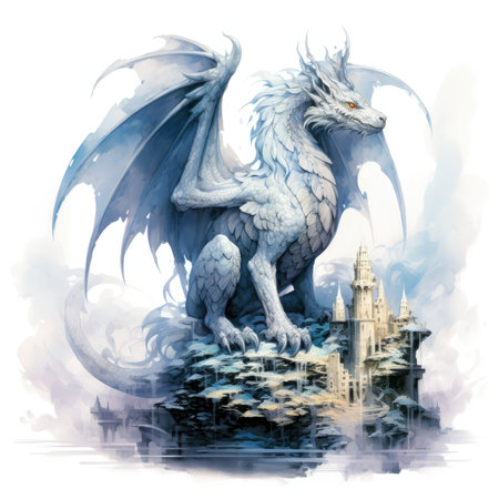 Fantasy dragon in front of a big city.の素材