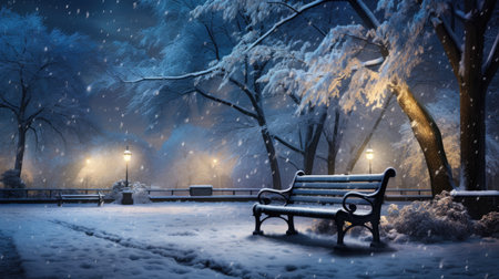 Winter park at night with snow covered trees and benches. Landscape.の素材