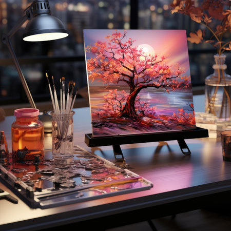 Laptop with painting on the table in the office.の素材