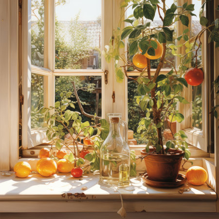 Vintage still life with tangerines, tangerines on windowsillの素材