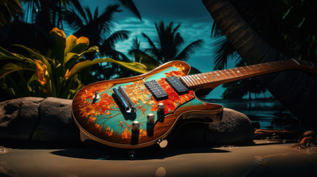 guitar on the beach with palm trees and blue sky backgroundの素材