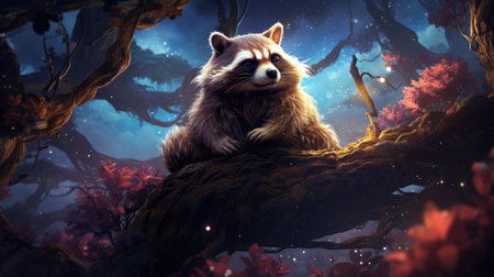 Red raccoon sitting on a tree branch in a fantasy forest.の素材