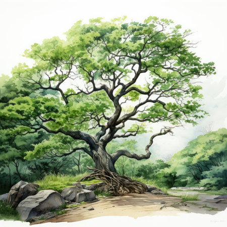 Watercolor big tree in the forest. Beautiful summer landscape.の素材