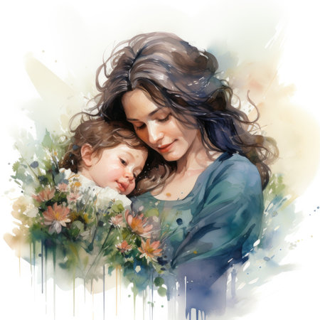 Watercolor Beautiful mother with her little daughter.の素材
