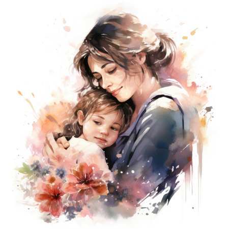 Watercolor Mother and daughter with flowers on white background.の素材