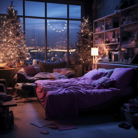 Luxury bedroom with Christmas tree in the background at night.の素材