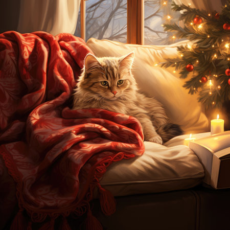 Cute Maine Coon cat at home near window with christmas tree.の素材