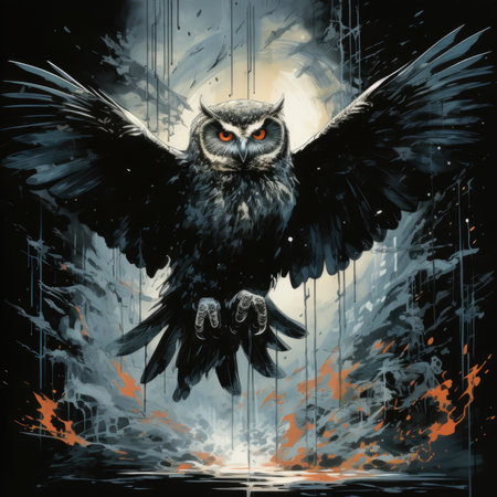 an owl with wings spread in the night skyの素材
