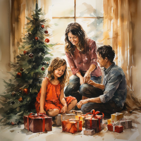Mother, father and daughter sitting on the windowsill with Christmas giftsの素材