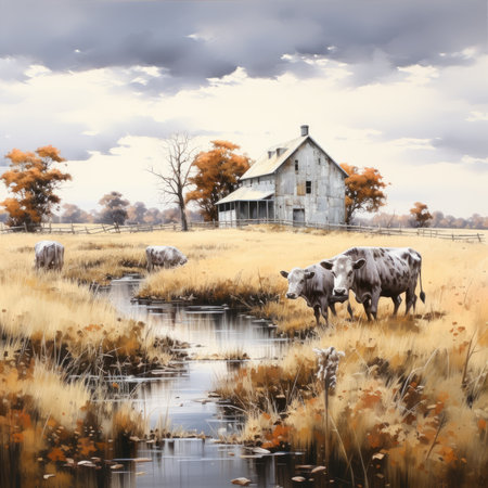 American Countryside Landscape with Cows and Farm House in Autumnの素材