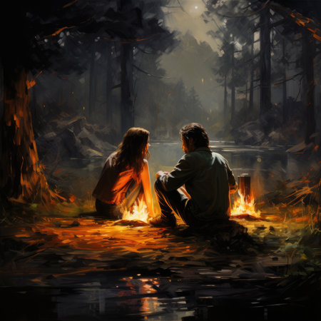 Man and woman sitting by the fire in the forest. Couple in love.の素材