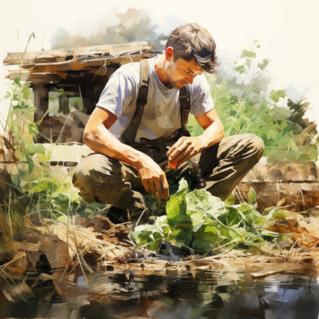 Watercolor young farmer working in his vegetable garden.の素材