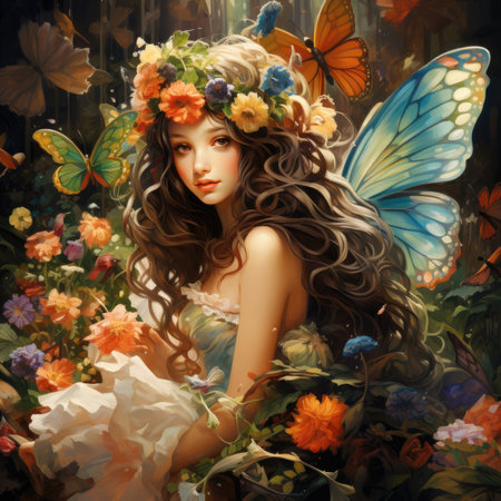 Beautiful fairy girl with butterflies and flowers in her hair. Digital painting.の素材