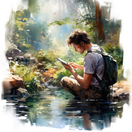 Young man with backpack using digital tablet on the river.の素材
