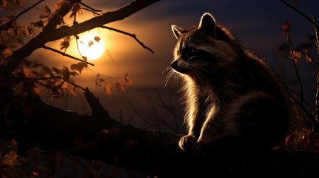 Raccoon sitting on a branch in the rays of the setting sunの素材