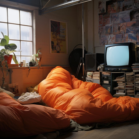 Interior of an old school bedroom with orange bedding and a televisionの素材