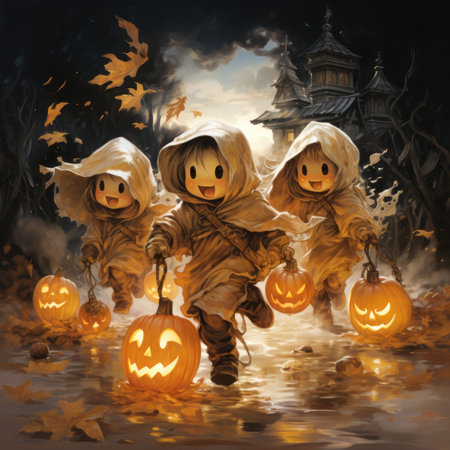 Halloween scene with pumpkins and witch in the forestの素材