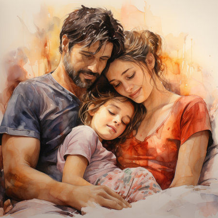 Portrait of a happy family with child in bed.の素材