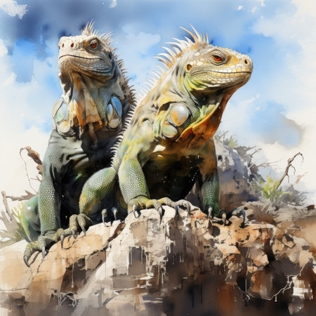 Two iguanas sitting on a rock.の素材