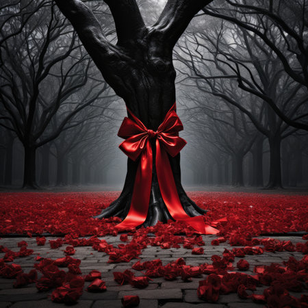 Black tree with red ribbon and rose petals in misty forestの素材