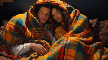 Two young multiethnic women covered with blanket in bed at nightの素材