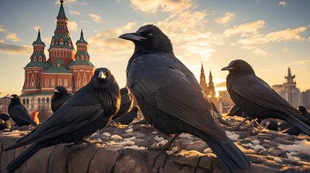 Ravens on the background of Moscow Kremlin and Red Square at sunsetの素材