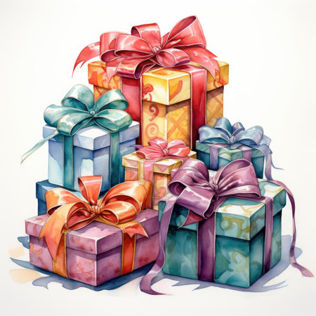 Watercolor Set of colorful gift boxes with ribbons.の素材