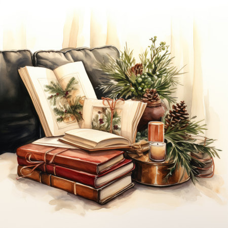 Composition with books, candles and fir branches on a white backgroundの素材