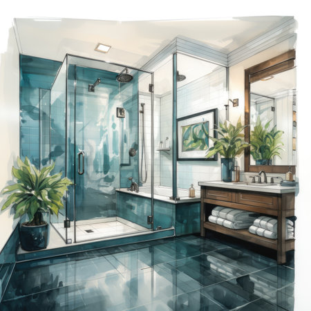 a modern bathroom with shower and tile floor.の素材