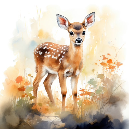Watercolor young whitetail deer in the meadowの素材
