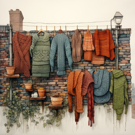 Winter clothes hanging on a rope against the background of a brick wallの素材