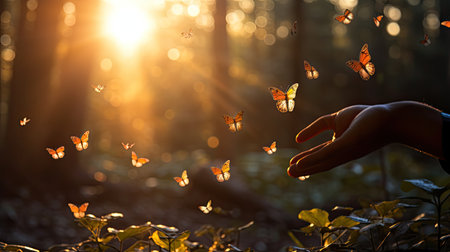 butterflies flying in the forest and human hand with sunlight on backgroundの素材