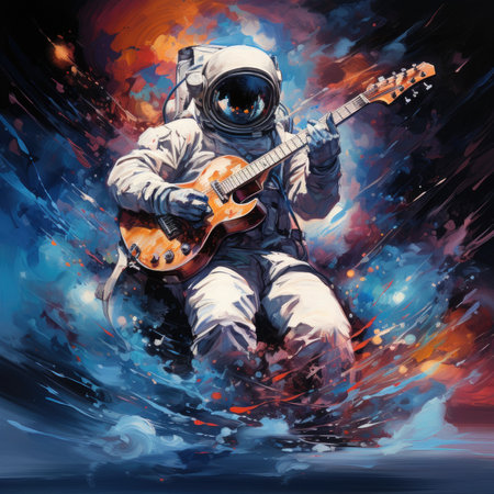 Astronaut in space suit playing the guitar.の素材