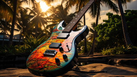 Electric guitar on the beach with palm trees and sunset in the backgroundの素材