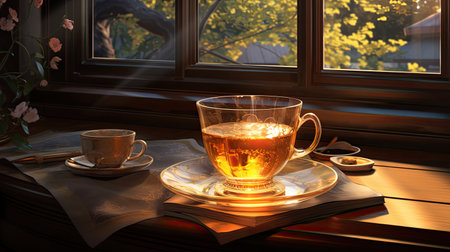 Cup of tea on a wooden table near the window at sunsetの素材